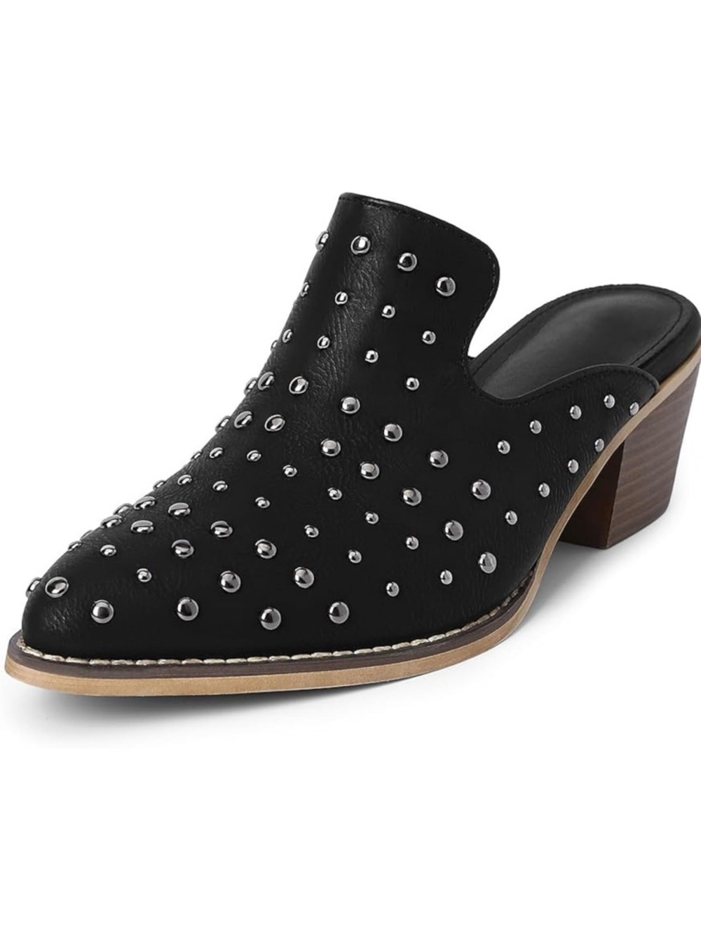 Studded Black Leather Mule Heel - Women's Slip-On